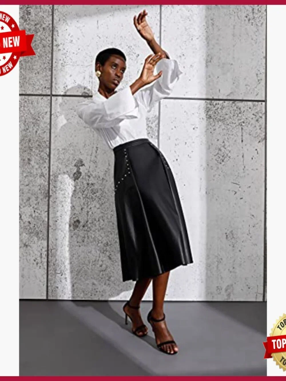 High Waisted Genuine Leather Pleated Skater Midi Skirt